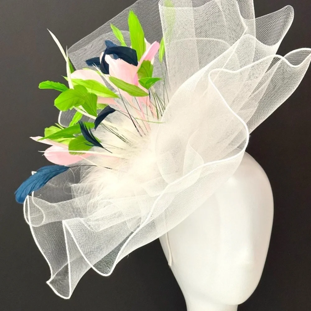 Elegant White Fascinator with Pink and Blue Accents